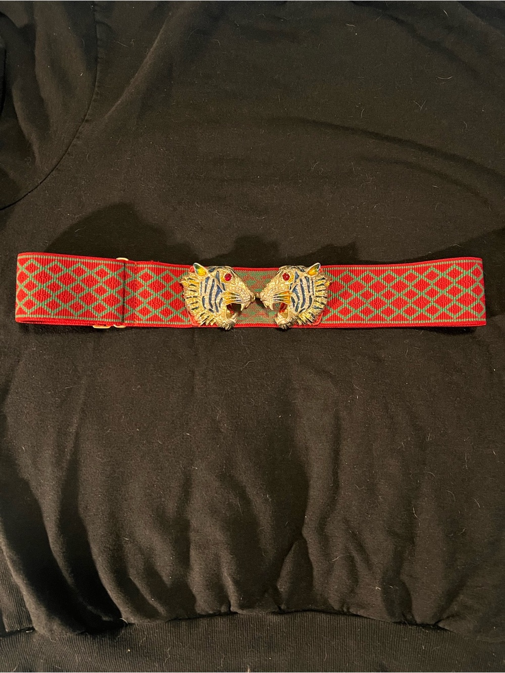 Gucci Red and Green Elastic Waist Belt with Gold Tiger Heads